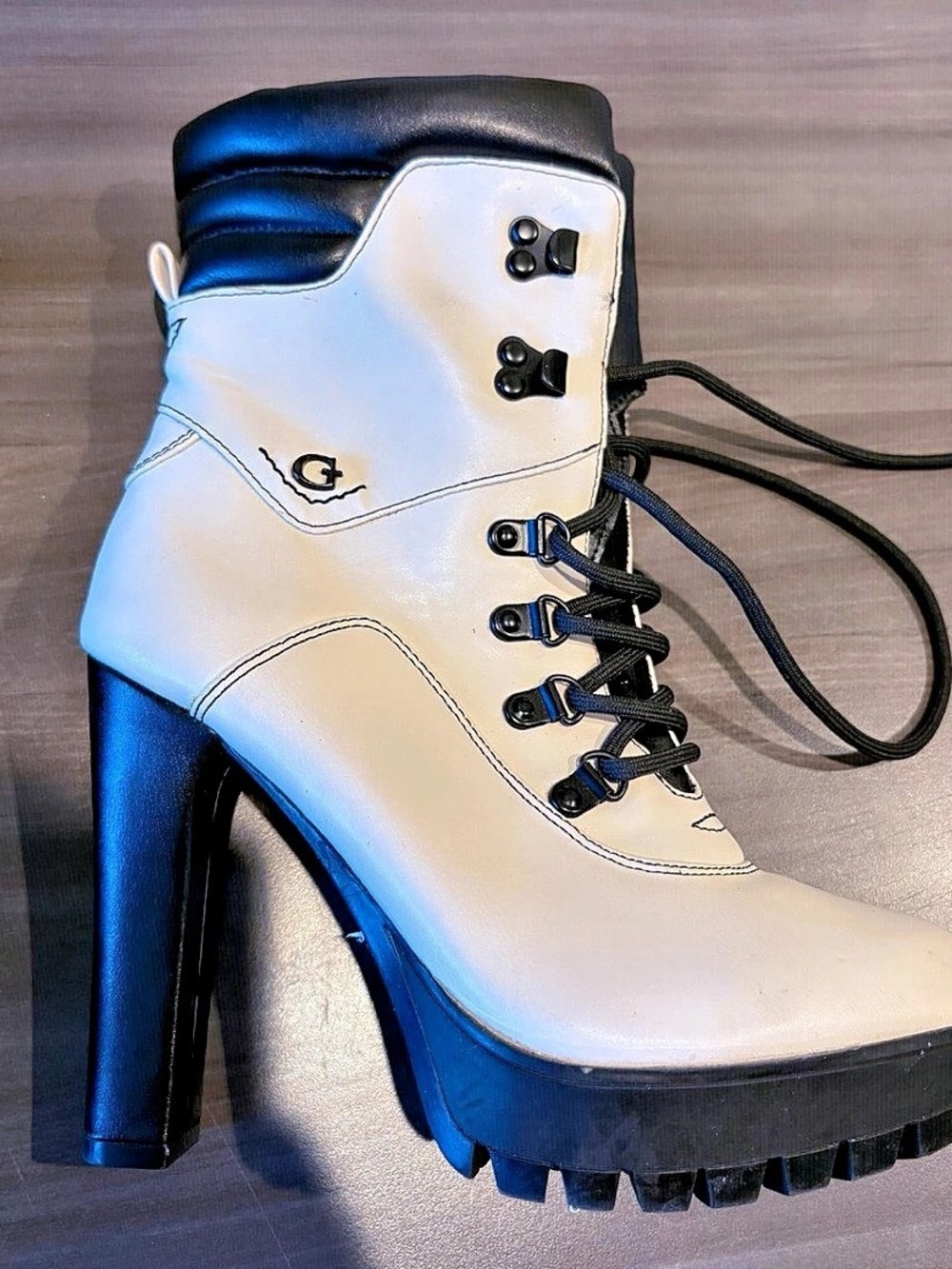 Guess Yarini Platform Combat Boot White & Black Ankle Boots